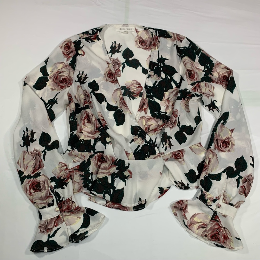 Honey Punch Womens Top Long Sleeve Floral Blouse Size Medium